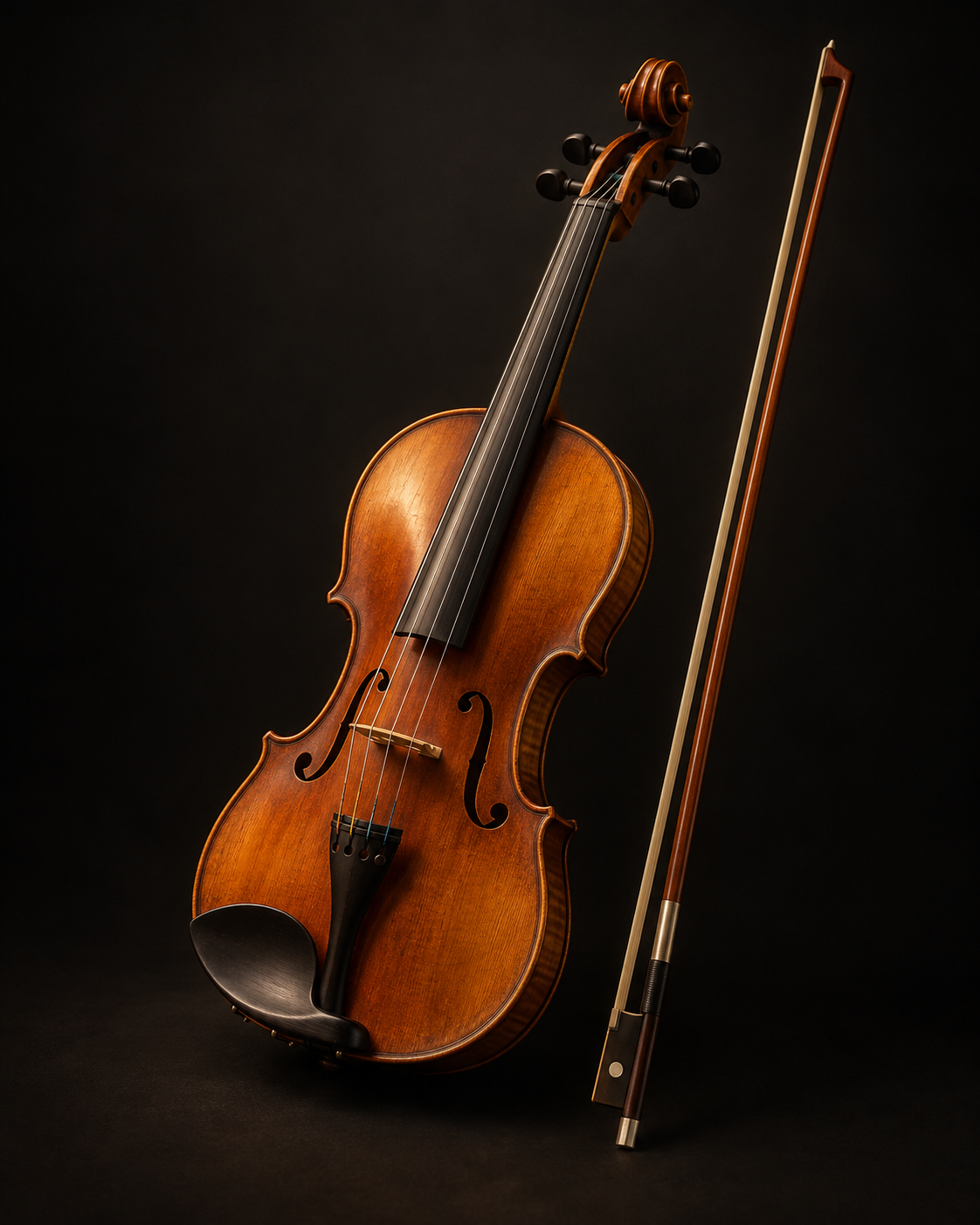 Classical violin and bow on a dark background